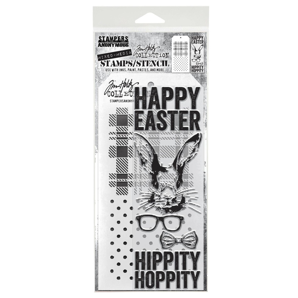 Tim Holtz Mixed-Media Stamps & Stencil Set - Hipster Bunny