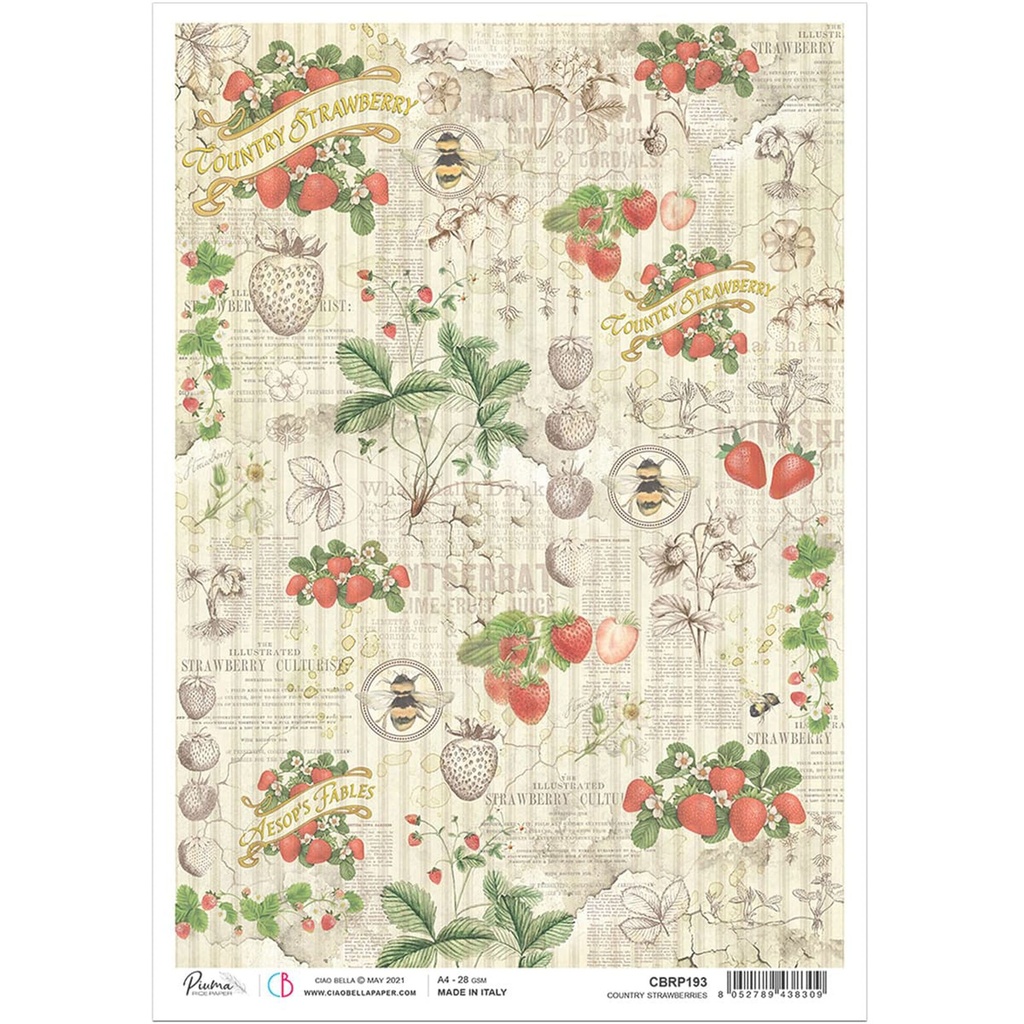 Ciao Bella Paper - Country Strawberries A4 Rice Paper (Single Sheet)