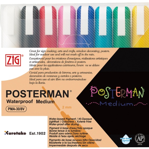 Kuretake ZIG Posterman Medium Tip Markers - 8 pen set
