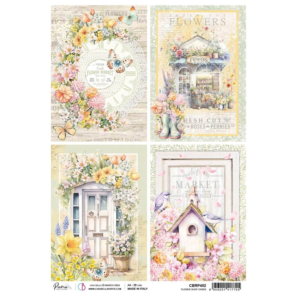 Ciao Bella Paper - Flower Shop Cards A4 rice paper (SINGLE Sheet)