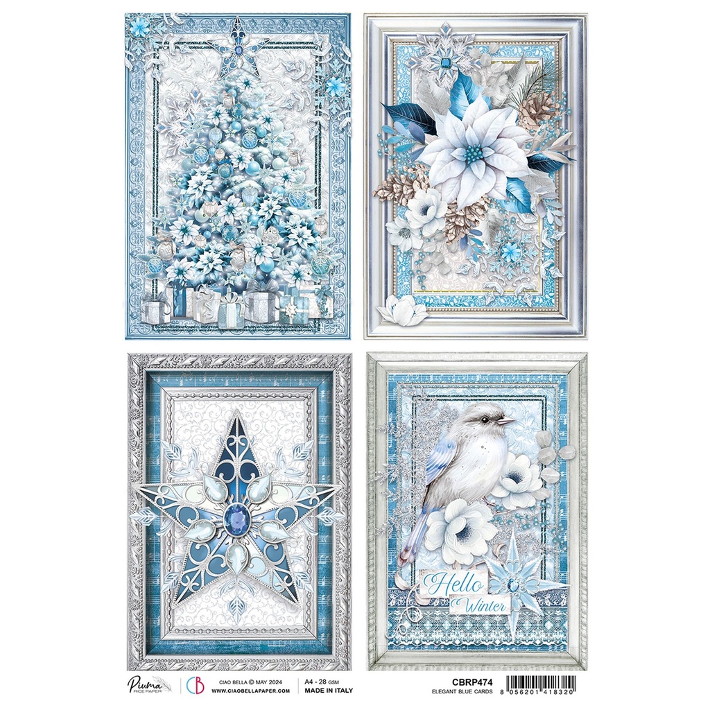 Ciao Bella Paper - Elegant Blue Cards A4 rice paper (SINGLE Sheet)