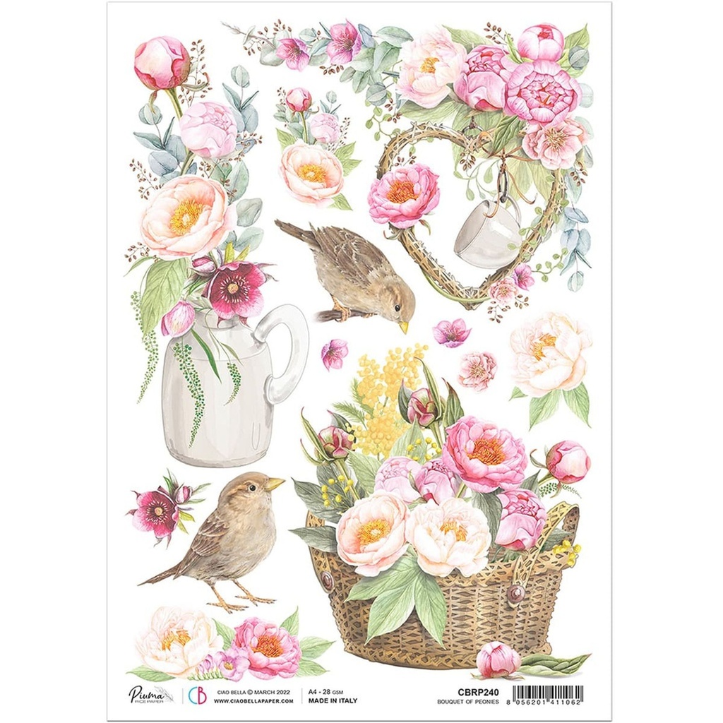 Ciao Bella Paper - Bouquet Of Peonies A4 rice paper (5 Pack)