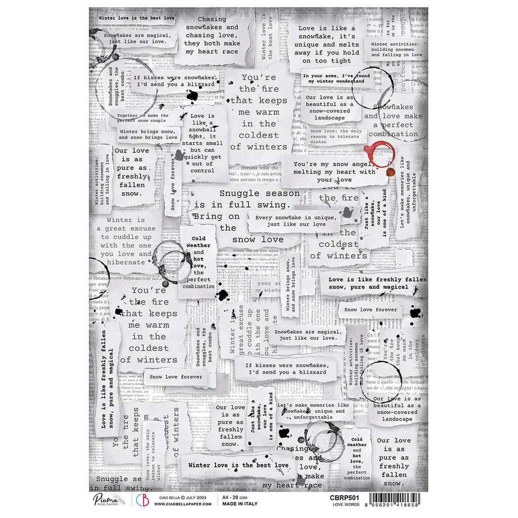 Ciao Bella Paper - Love Words A4 rice paper (5 Pack)