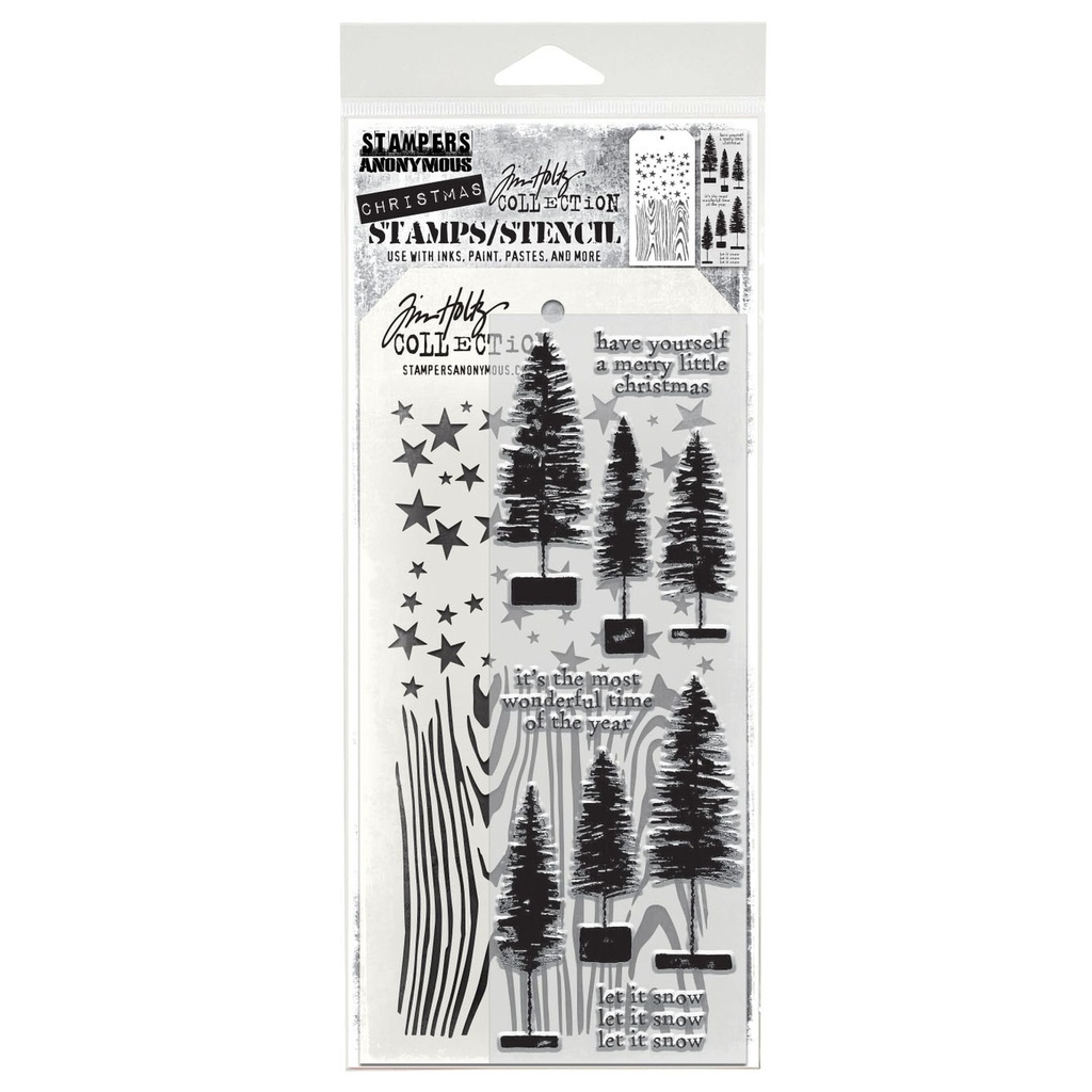 Tim Holtz Mixed-Media Stamps & Stencil Set #73 - Bottlebrush Trees