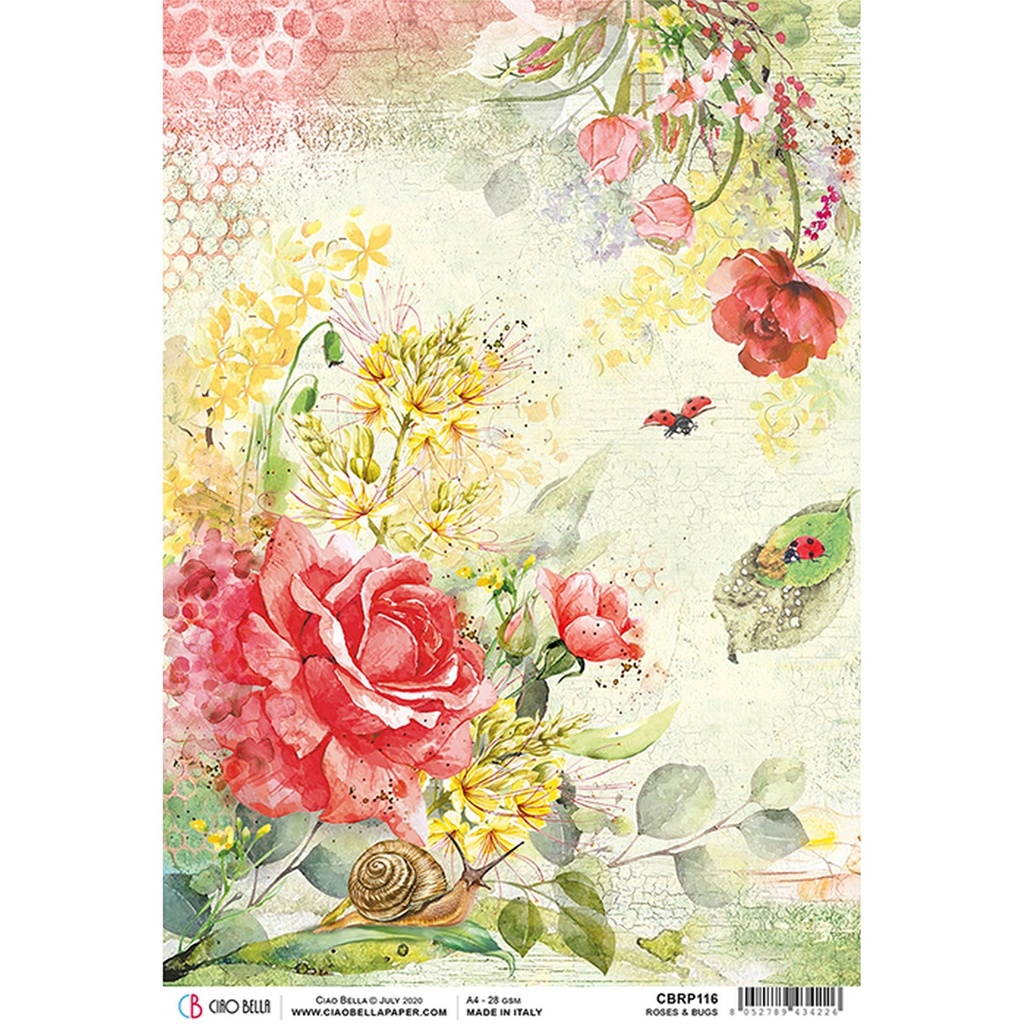 Ciao Bella Paper - Roses & Bugs A4 rice paper (SINGLE Sheet)