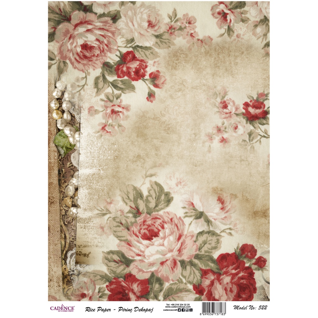 Cadence Rice Decoupage Paper - Pearls and Roses - A3