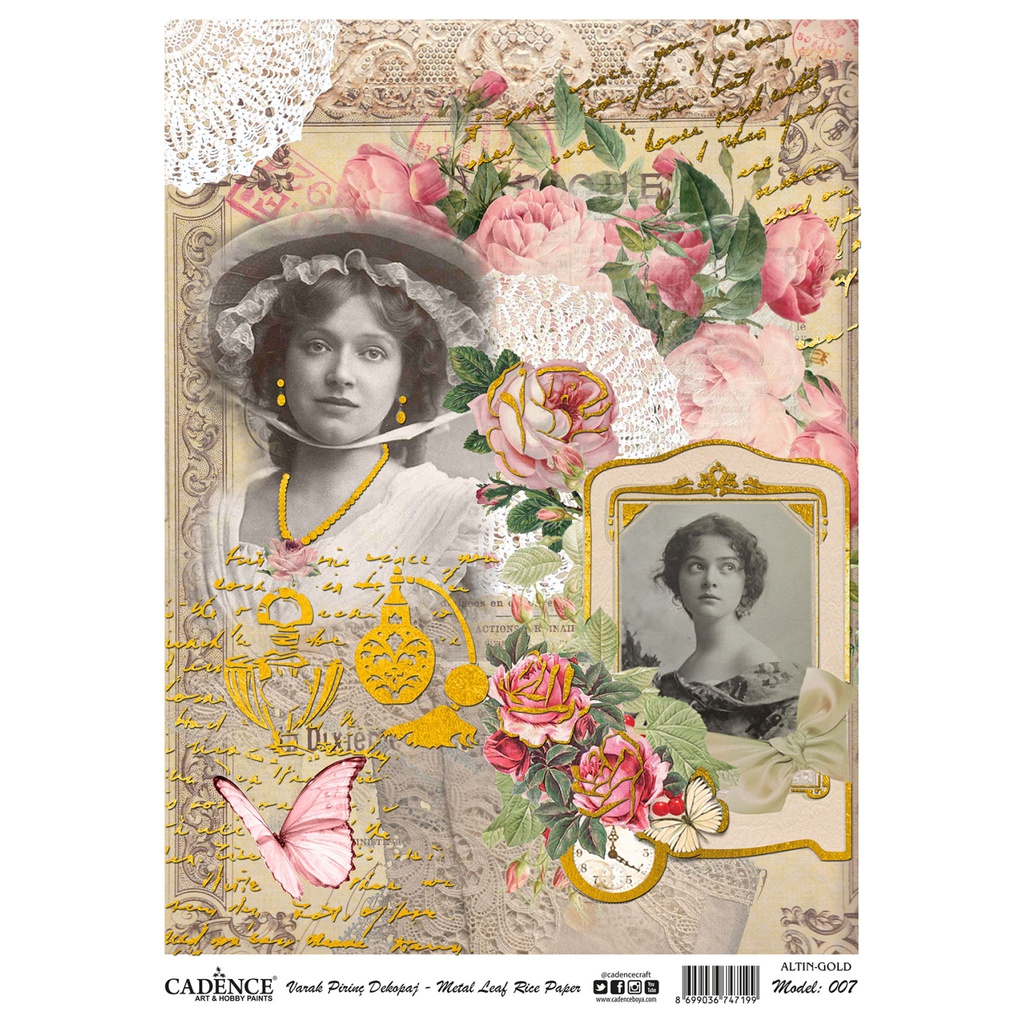 Cadence Rice A3 Decoupage Paper -  Metal Leaf Gold - Victorian Rose
