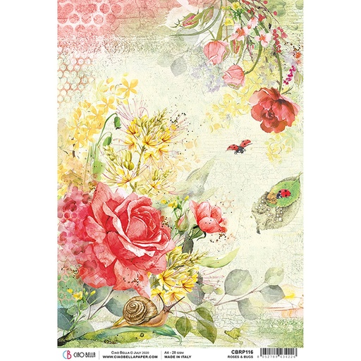 Ciao Bella Paper - Roses & Bugs A4 rice paper (5 Pack)