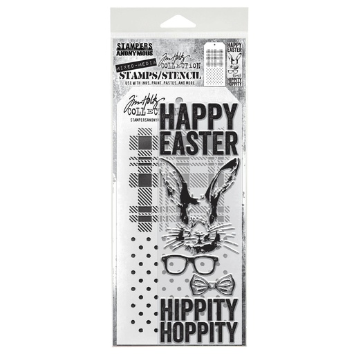 Tim Holtz Mixed-Media Stamps & Stencil Set - Hipster Bunny