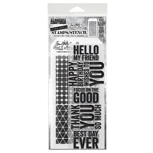 Tim Holtz Mixed-Media Stamps & Stencil Set - Bold Sayings