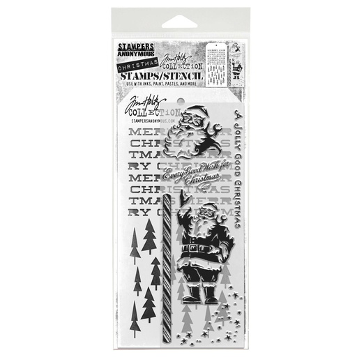 Tim Holtz Mixed-Media Stamps & Stencil Set - Jolly Holiday